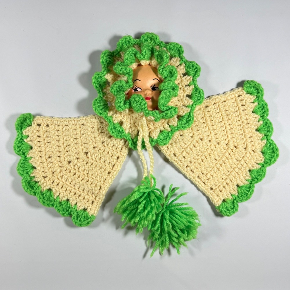 VTG Handmade Crochet Doll Face Pot Holder Hot Pad Kitchen Kitschy Green Cream‎
